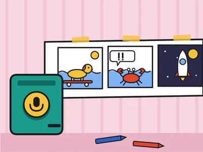 A strip of thermal paper runs along a pink wall with three colored-in comic panels: a dog on a skateboard by the sea, a crab, a rocket in space