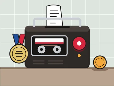 A cassette-recorder box on a kitchen counter: a family token on its reader, a big red record button, a tape window with two reels