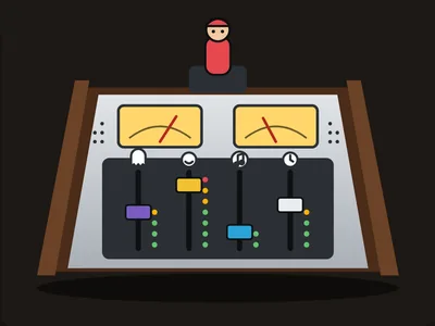 A small printed mixing desk with walnut sides: four colored faders with ghost, smiley, music note and clock icons, lit LED columns, two amber VU meters