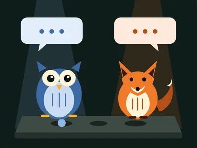 A printed owl and a printed fox stand on a shared base under two spotlights, each with a speaker grille on its chest
