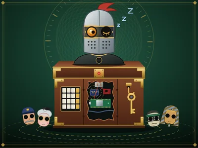 Vault Guardian: a printed chest with a knight’s bust on the lid, a keypad, a key on a hook and four spare masks